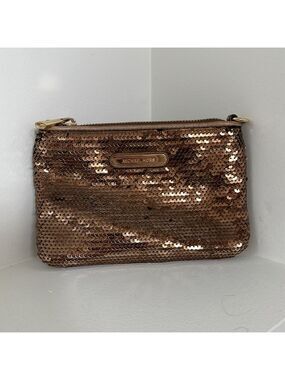 MICHAEL KORS Leather Sequin Bag Bronze Metallic Zip Top NOTE FLAW Missing Strap